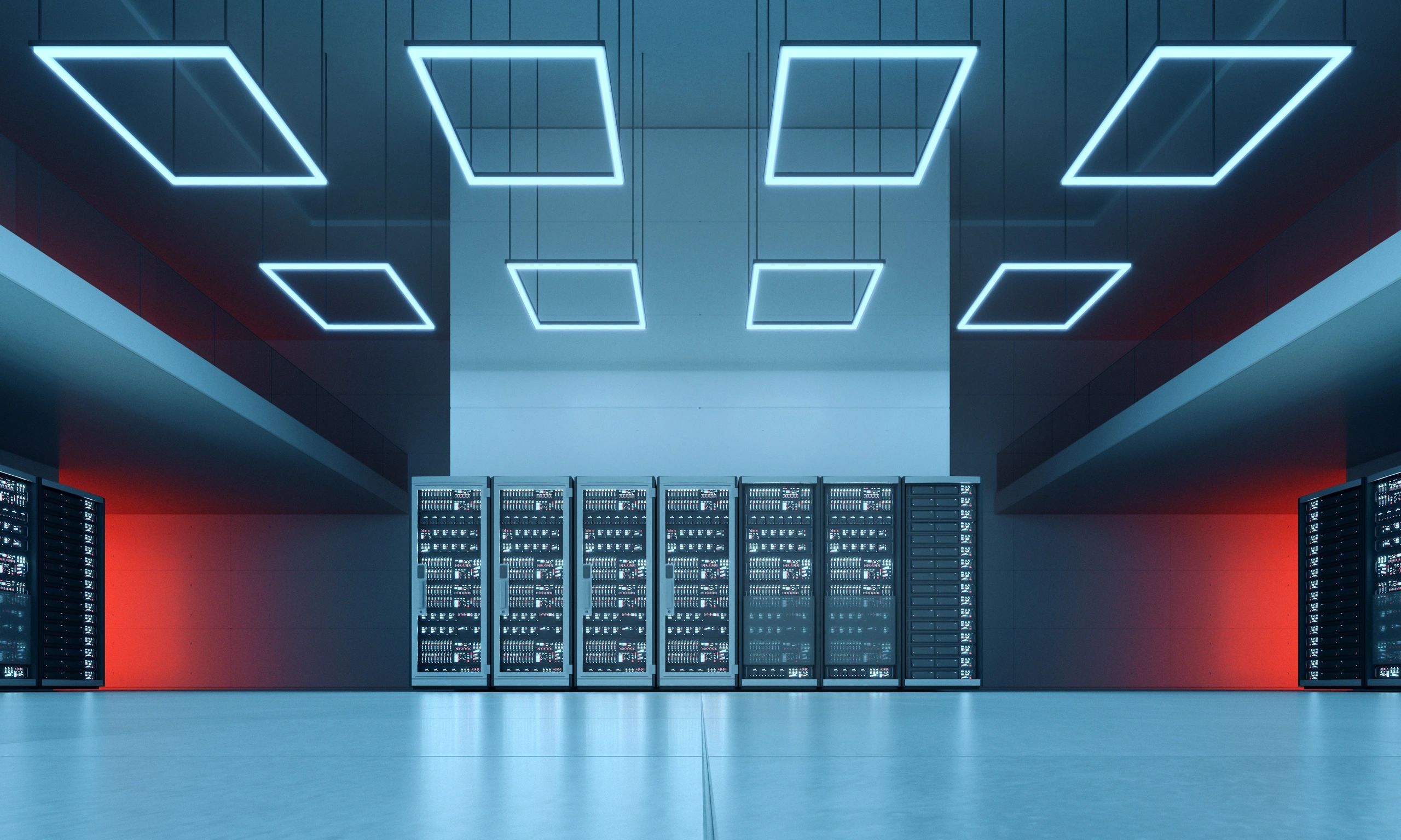 Futuristic server hall representing cybersecurity infrastructure